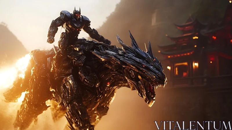 Armored warrior rides flaming mechanical dragon mount.