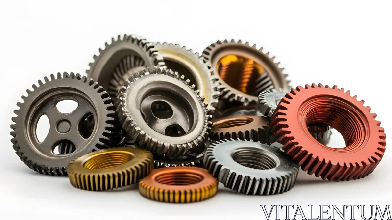 Photorealistic macro arrangement of multicolored metal gears.