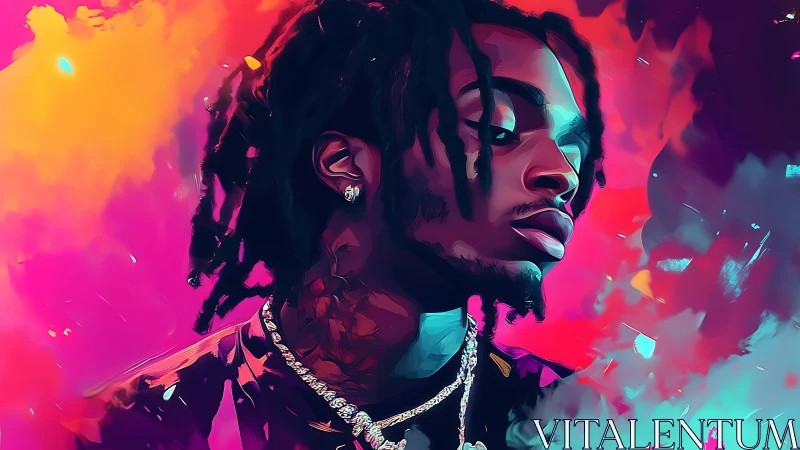 Neon clouds cradle a jeweled portrait in electric stillness