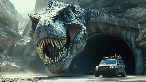 Colossal dinosaur guardian greeting explorers at a rocky tunnel.