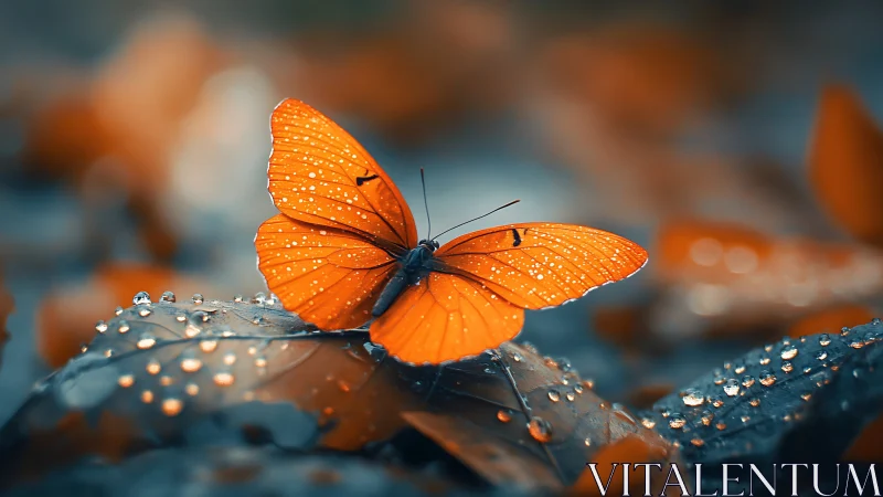 Orange butterfly rests on wet leaf with soft bokeh background