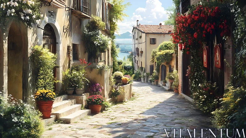 Sunlit village lane wrapped in climbing flowers and quiet promise.