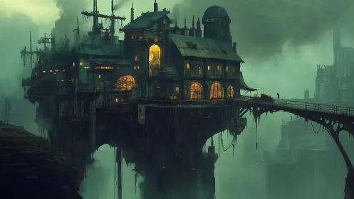 Fogbound steampunk cliff city with glowing bridge windows.