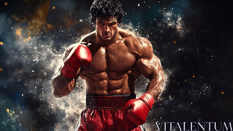 Professional Boxer in Combat Stance with Atmospheric Particle Dynamics.