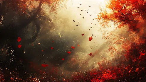 Autumn canopy in radiant backlight with drifting scarlet leaves.