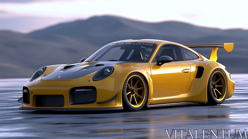 Yellow track-focused sports coupe on reflective surface at dusk.
