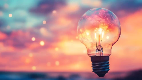 Glowing light bulb floats before a dreamy pastel sunset sky.