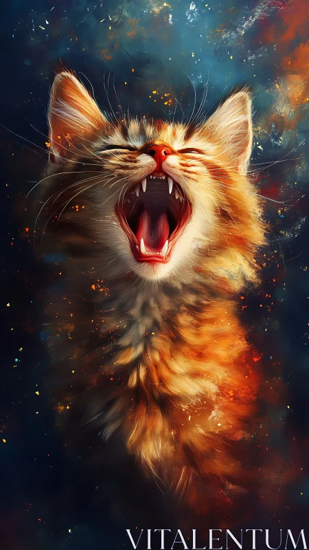 Fiery kitten roar ignites cosmic abstract night sky