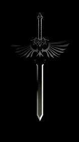 Winged sword emblem glows against deep black void background.
