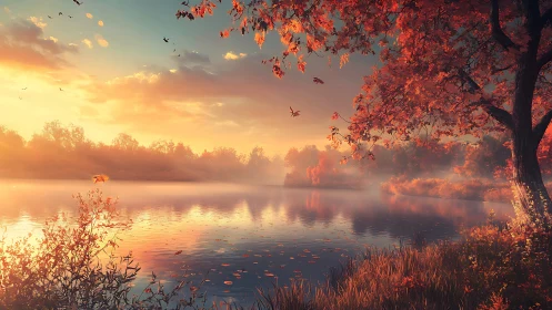 Autumn-lit lake whispers quietly beneath a drifting ember sky