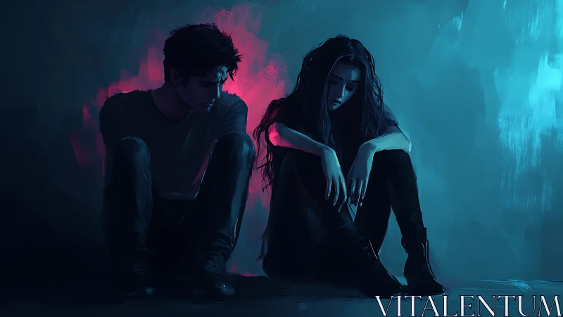 Neon silence between broken hearts in electric blue gloom.