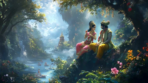Divine couple beside sacred river in lush fantasy forest.