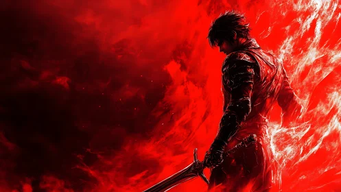Armored swordsman stands before dense red abstract backdrop