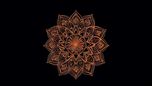 Radial mandala ornament rendered as luminous orange linework