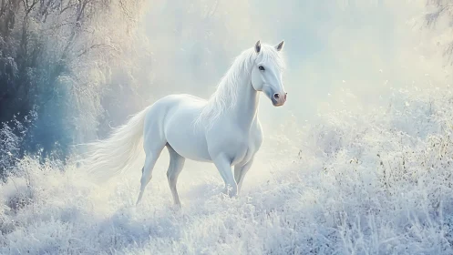 Winterborn white stallion drifting through frosted hush.