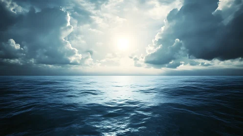 Gentle ocean horizon glowing beneath soft stormy clouds.