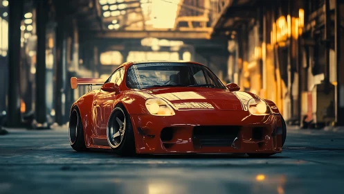 Scarlet street racer prowls through a sunlit industrial hall