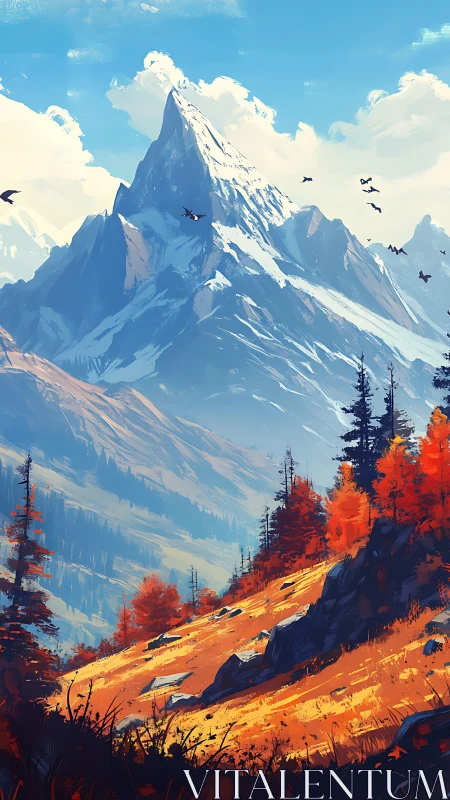 Mountain landscape with snow peak and autumn hillside view.