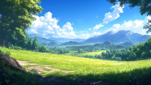 Sunlit hilltop meadow opening to peaceful mountain valley.