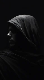Side profile of hooded figure in low key directional light