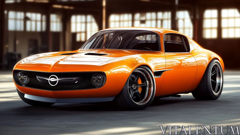 Low-slung retro-mod orange coupe rendered with high-gloss PBR shading