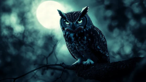 Nocturnal horned owl under full moon in eerie forest glow.