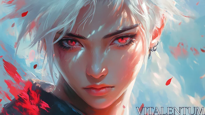 White haired warrior with burning red eyes in motion