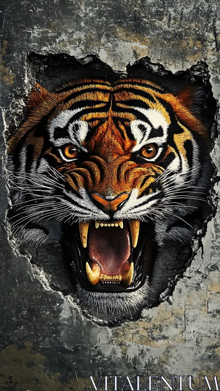 Tiger head emerges through fractured wall surface opening