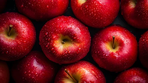 Water-dappled red apples fill tight high-contrast frame