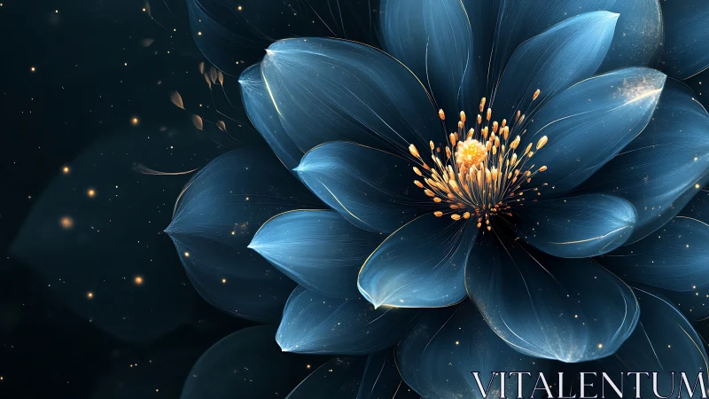 Digital flower rendered with blue petals and golden luminous center