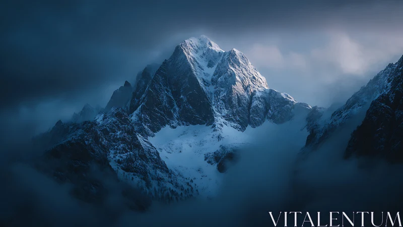 Snow covered mountain peak emerging through low clouds.