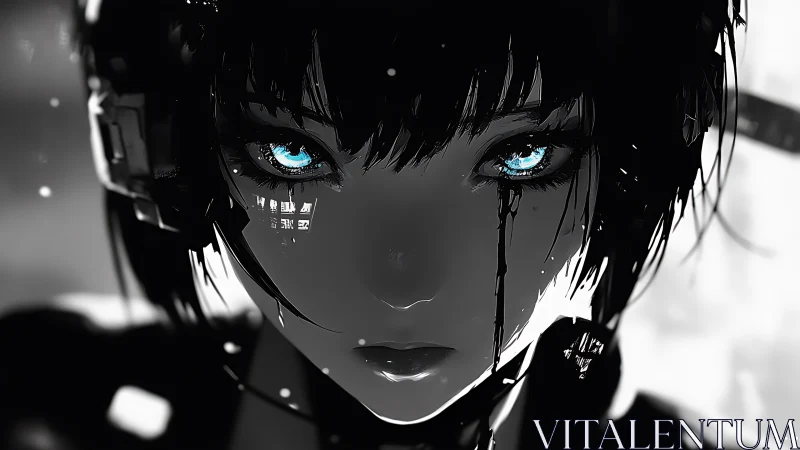 Cybernetic portrait isolates luminous blue eyes in monochrome frame