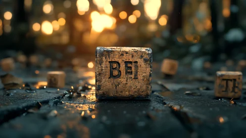 Photorealistic close-up of worn BEI block on wet cobblestones.