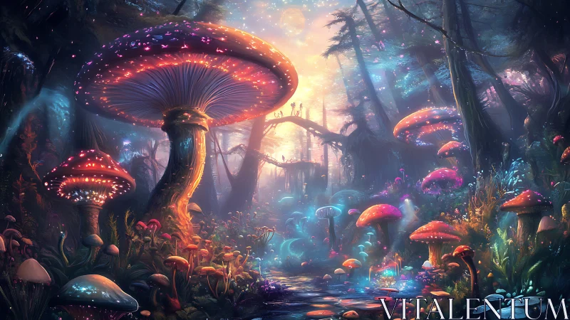 Glowing fantasy mushroom forest with luminous river path.