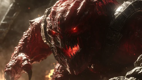 Demonic behemoth lunging forward in molten-lit ruin scene.