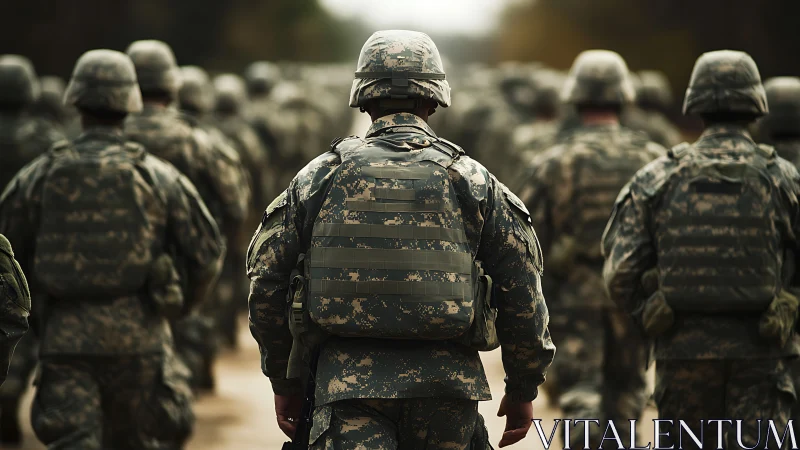 Rear view of soldiers in camouflage on organized march.