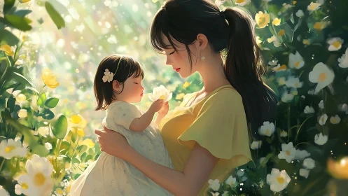 Mother and child in floral environment under soft daylight.