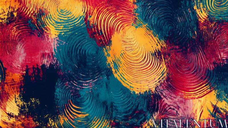 Bold abstract swirls in red, teal, and yellow color fields.