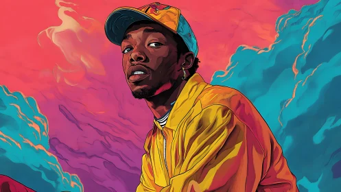 Colorful portrait celebrates bold style in a dreamy sky scene