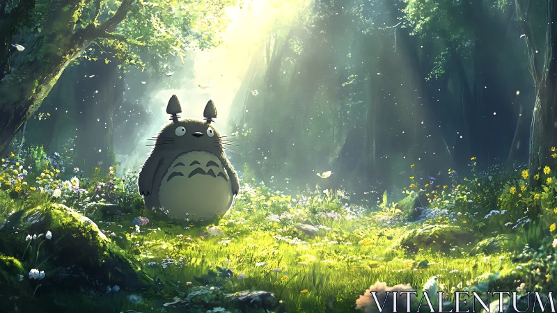 Gentle forest spirit stands in a sunlit, dreamlike meadow