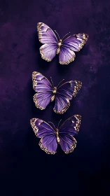 Vertical triad of violet butterflies on deep indigo ground.
