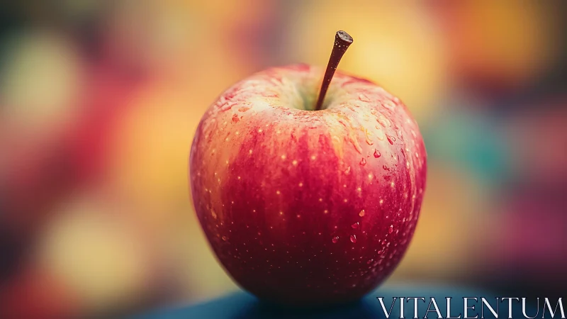 Macro optical study of dewy bicolored apple on bokeh field.