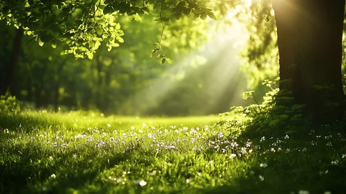 Sunlit Forest Glade with Wildflowers in Lush Greenery, Nature Photography.