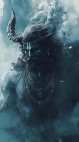 Storm crowned ascetic strides through teal thunderous mist