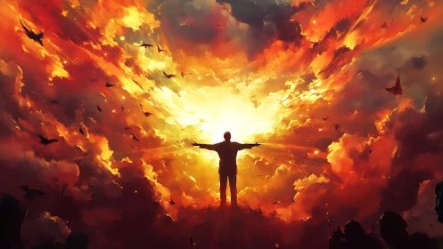 Silhouette stands before blazing sky of red and gold light.