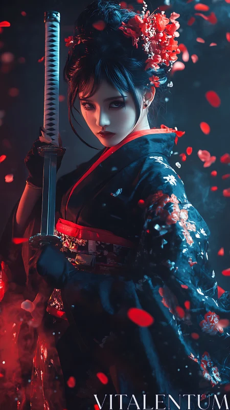 Midnight blossom warrior poised in drifting petals.