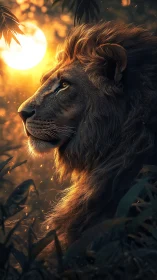 Regal lion profile bathed in blazing jungle sunset glow.