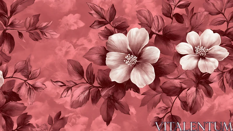 Pink tonal botanical composition with white focal flowers and red foliage arrangement.