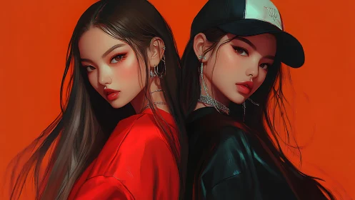 Dual portrait of stylized urban twins on saturated orange field.