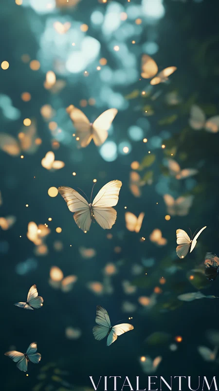 Soft glowing butterflies in dark teal forest background.